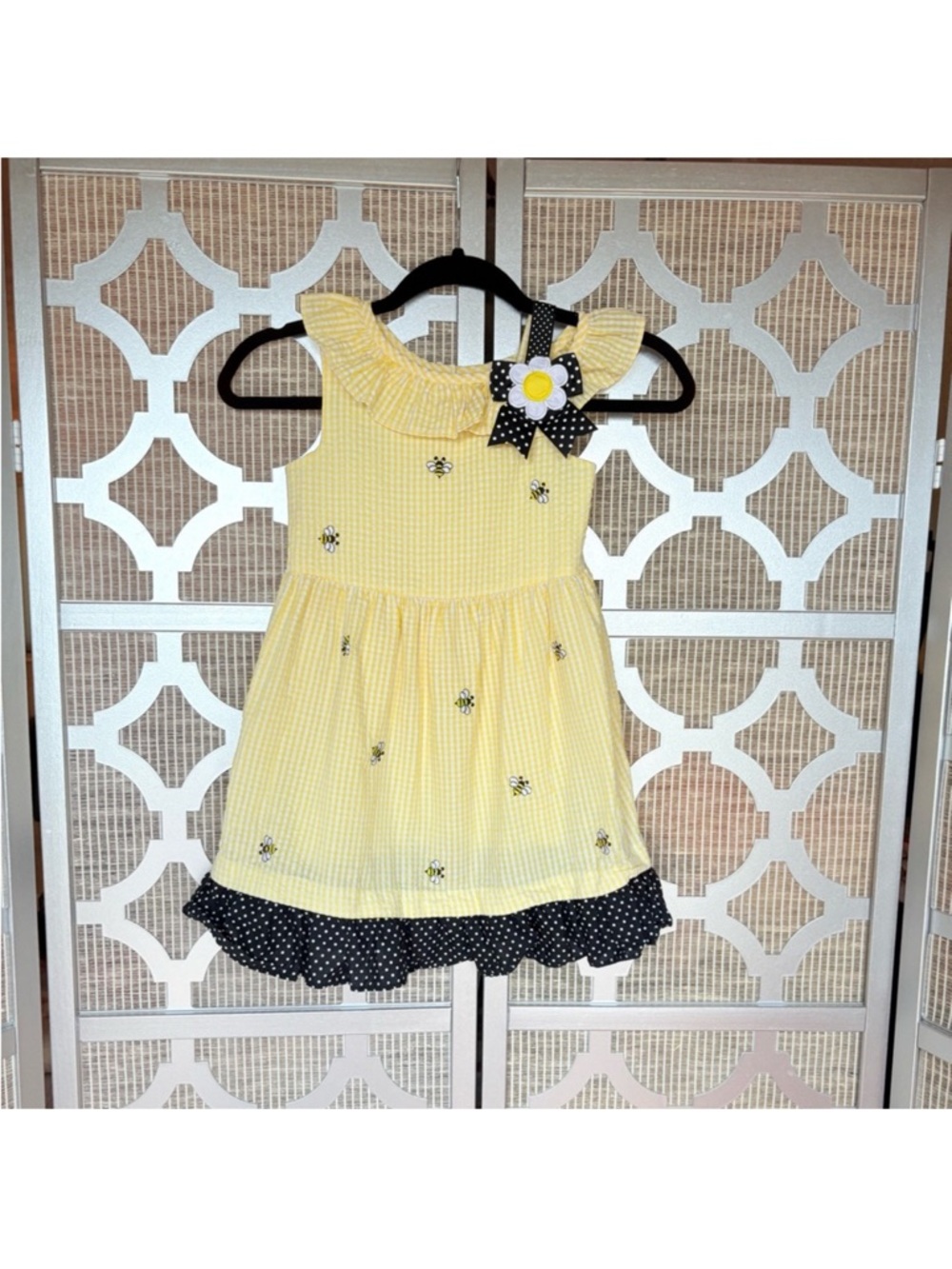 Yellow and Black Polka Dot Ruffle-Trim Girls' Dress